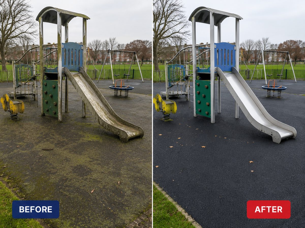 Before and after graffiti removal — Playground — moss & grime deep-cleaned