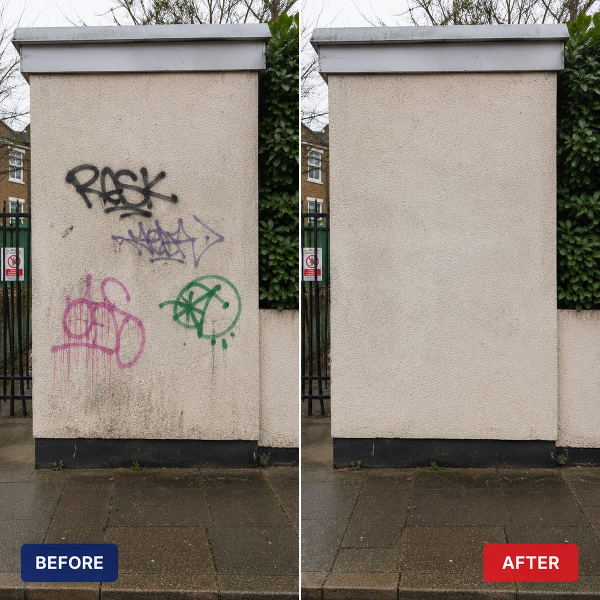 Before and after graffiti removal — Rendered wall — graffiti fully removed