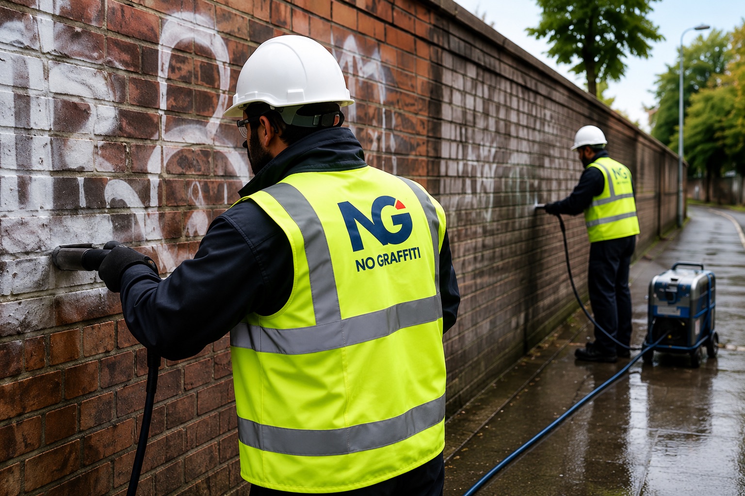 No Graffiti Ltd team in hi-vis pressure-washing graffiti from a brick wall in Manchester
